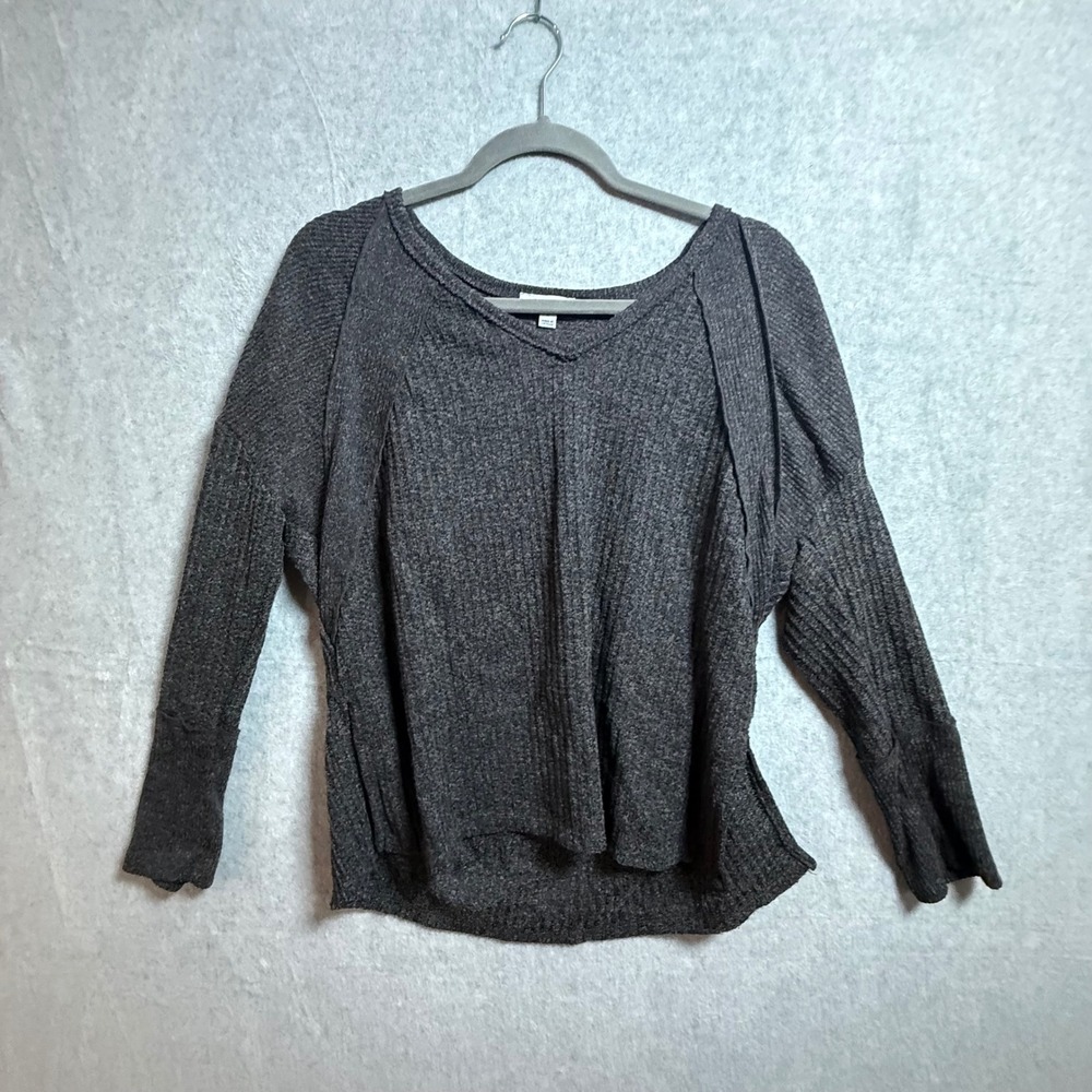 Floral & Ivy Charcoal Grey V-Neck Thermal Waffle Knit Dolman Top T272